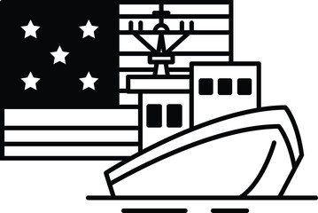 A black and white drawing of a ship, a flag and a star