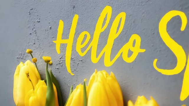 Bright yellow tulips arrangement on gray background with Hello Spring yellow text overlay, fresh spring floral background, nature photography - Powered by Adobe