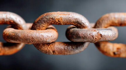 Fototapeta premium Close-up of rusty metal chain links showcasing texture and detail, highlighting the aged surface and industrial characteristics in a dramatic lighting setting