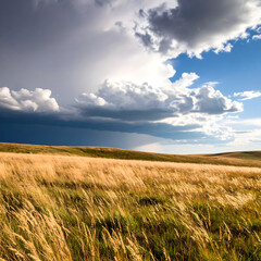Obraz premium Dramatic Storm Clouds over Golden Grassland Field Prairie Landscape Photography
