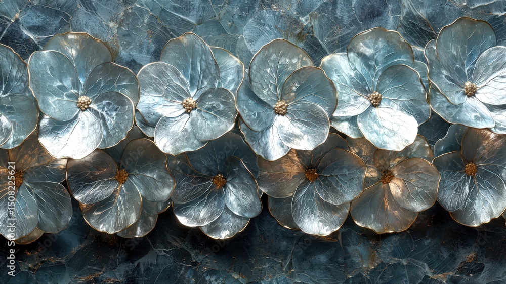 Poster close-up of overlapping silver pilea leaves with soft lighting in a tranquil botanical setting