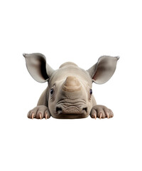 Obraz premium A cute cartoon cat and peeking dog with a bone, an elephant, and a walking gray rhino are isolated wild mammals