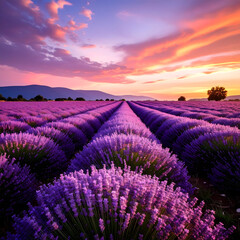 Obraz premium Stunning Lavender Fields at Sunset Vibrant Purple Flowers and Golden Sky Landscape Photography