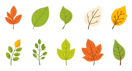 flat green leaves, leafy illustration, botanical cartoon leaves, cute leaves set, stylized leaves vector, leaf clipart cartoon, leafy design elements, cartoon plant leaves, spring leaves illustration,