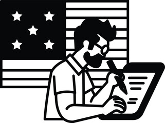 A man is writing on a piece of paper with a flag in the background