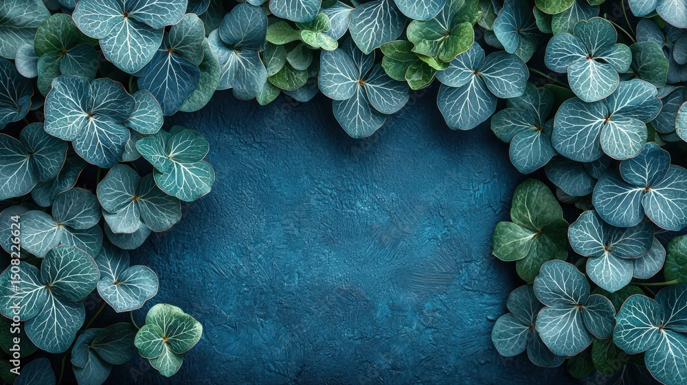 Poster close-up view of vibrant cyclamen leaves with intricate patterns on a tranquil background