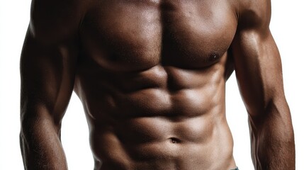 A strong, muscular torso with defined abs is captured in a studio setting. The focus on the upper body highlights physical fitness and dedication to health