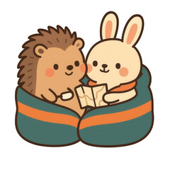 Adorable cartoon hedgehog and bunny cuddled in a sleeping bag, reading a map. Perfect for kids’ camping themes, forest adventures, and cozy clipart collections.