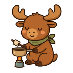 Adorable cartoon moose roasting a marshmallow over a camping stove. Perfect for forest camping, summer adventure, and cozy clipart themes for kids.