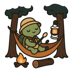 Adorable turtle resting in a hammock between trees with a lantern and campfire, wearing a scout outfit. Perfect for camping, outdoor, and cozy woodland adventure themes.