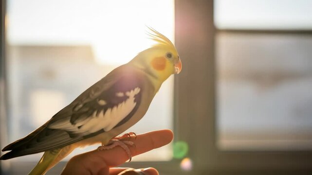 Close up of a cockatiel perched on a finger with warm sunlight in the background
