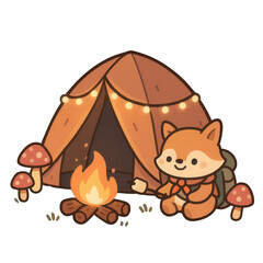 Adorable fox sitting near a cozy tent decorated with string lights, roasting marshmallows by the campfire.