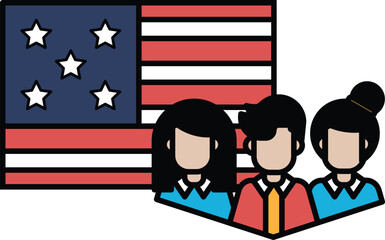 Three people are standing in front of an American flag