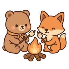 Adorable cartoon bear and fox sitting by a campfire roasting marshmallows. Perfect for summer camping themes, kids’ woodland art, and cute nature scenes.