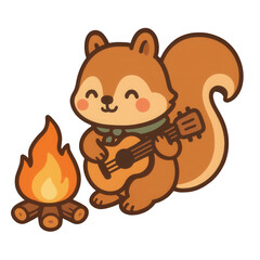 Cute cartoon squirrel playing guitar beside a cozy campfire. Perfect for summer camping, outdoor fun, forest adventure, and kids clipart.