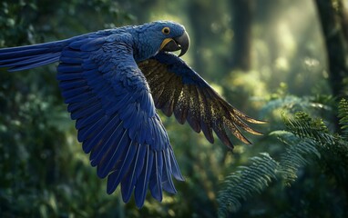 A vibrant blue hyacinth macaw flying through the jungle canopy highlights endangered wildlife and the threat of extinction.







