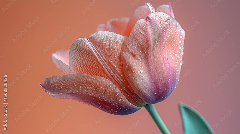 Poster deep purple tulip with curled edges and dew drops in a soft studio environment
