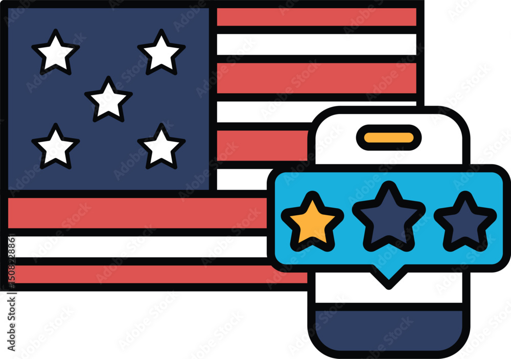 Poster a phone with a star rating and a flag in the background