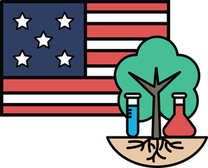 A tree is growing out of the ground next to a flag