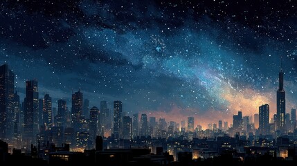 Brightly lit buildings create a stunning skyline at night, contrasting with a clear, star-studded sky. This urban landscape highlights the vibrancy of city life after dark