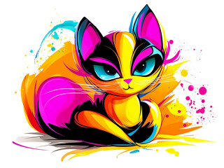 Colorful cat illustration with vibrant splashes of paint creating a lively composition in a playful style