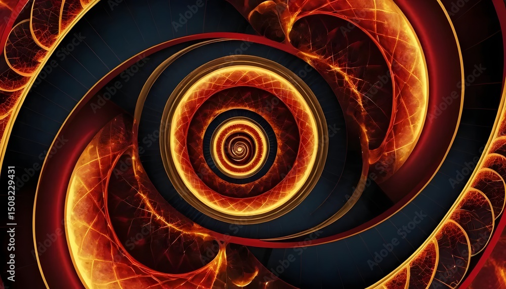 Poster a complex spiral design with red and orange glowing elements against a dark background creating dept