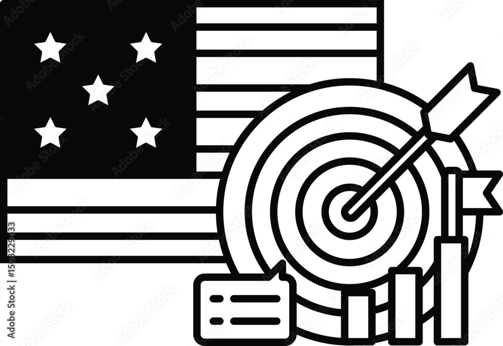 Poster a black and white image of a target with a star and a flag in the background