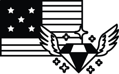 A black and white image of a diamond and stars on a flag