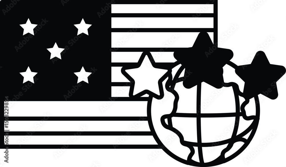 Poster a black and white image of a flag with stars and a globe