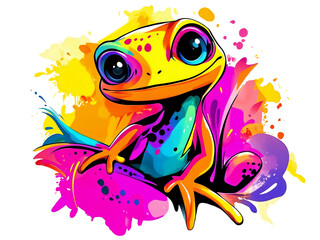Bright yellow lizard with vibrant colors and playful design against colorful splashes of paint