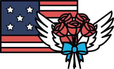 A flag with stars and stripes is above a bouquet of roses