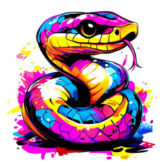 Colorful snake coiled in a dynamic pose with vibrant hues and striking patterns