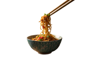 Spicy noodles in asian bowls with chopsticks flying mid air on transparent background png