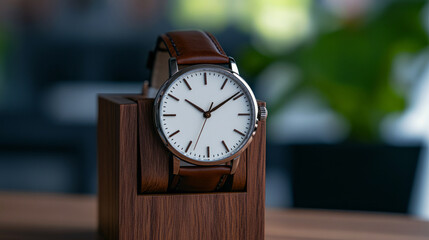 Elegant Stylish Watch with Brown Leather Strap on Wooden Stand in Soft Natural Light