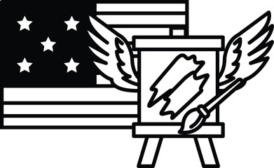 A black and white drawing of a flag with stars and a brush with paint on it