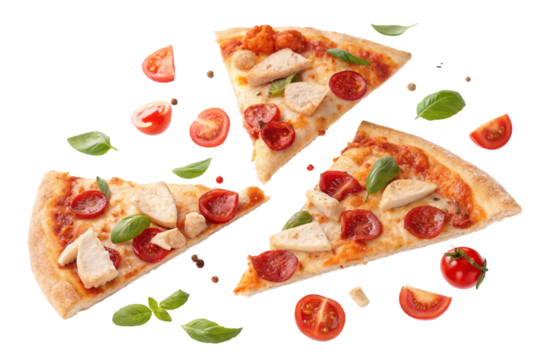 Flying pizza slices with chicken pepperoni basil and vegetables isolated on transparent background