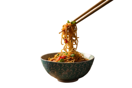Spicy noodles in asian bowls with chopsticks flying mid air on transparent background png