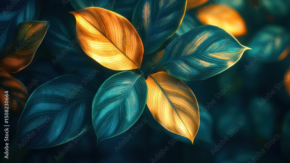 Poster dense top-down view of variegated leaves with vibrant colors and intricate texture