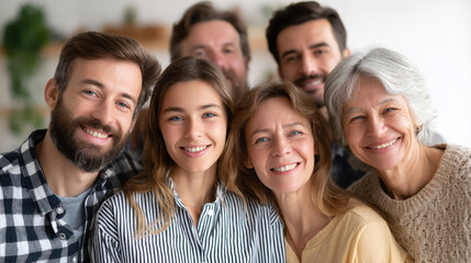 Happy multigenerational family taking group selfie indoors smiling and enjoying quality time together celebrating family bonds and love warm and joyful atmosphere casual clothing cozy home setting