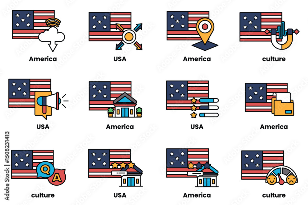 Poster the image is a set of 12 different american flags, each with a different design