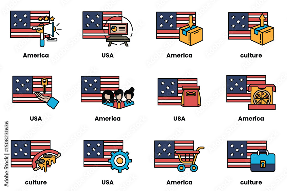 Poster the image is a collection of different american flags with various icons