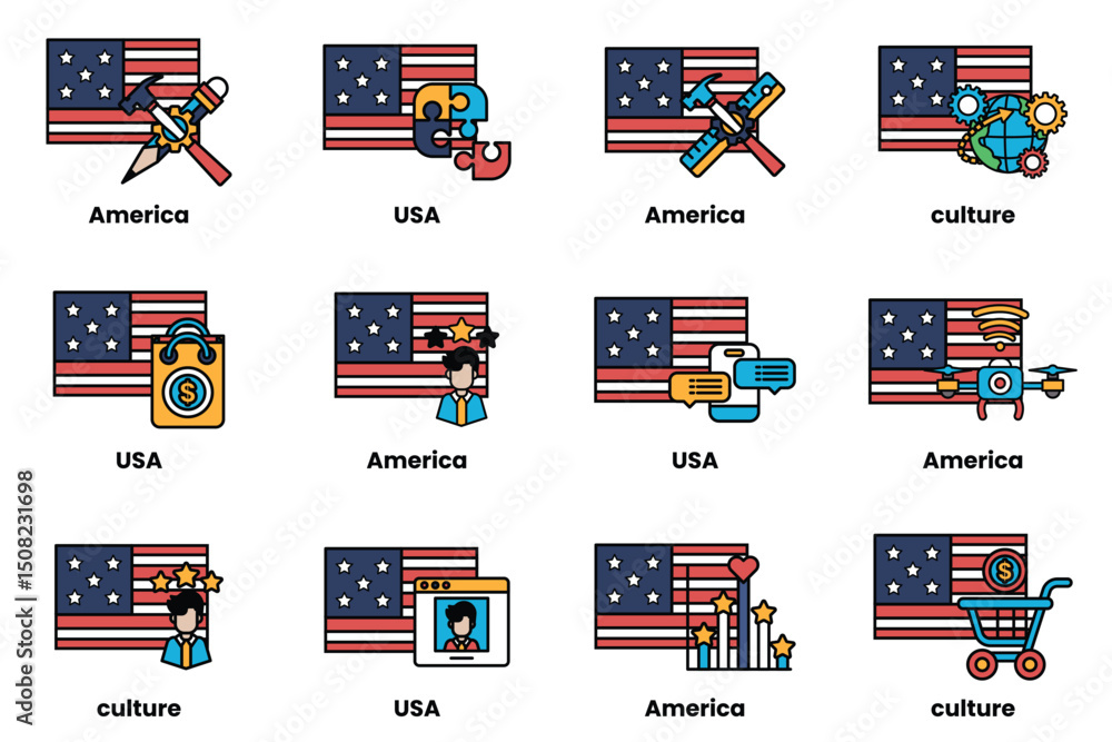 Poster the image is a collection of different american flags with various icons