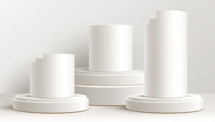 Three white cylindrical podiums of varying heights on tiered bases