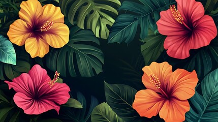 Vibrant tropical hibiscus flowers and leaves.