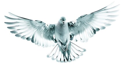 Fototapeta premium White dove flying with open wings isolated on white background, symbol of peace and freedom
