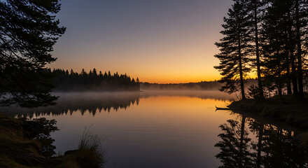 Obraz premium Serene Sunrise over Misty Lake with Silhouetted Pine Trees and Calm Water Reflection