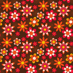 Seamless vector pattern in retro style with bright flowers on a brown background