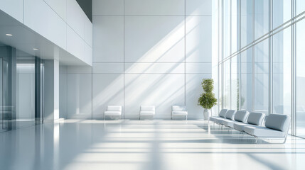 Obraz premium Background of empty hospital corridor,Empty long corridor in modern office building,Hospital hallway, reception clinic,Unfocused background.