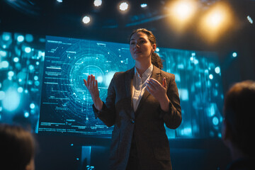 A woman is speaking on stage