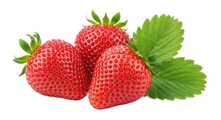 Three Fresh Strawberries: With Leaf, Isolated on White, Sweet & Juicy